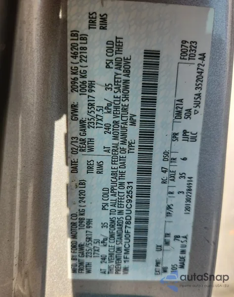 2013 Ford Escape S z USA, uszkodzony, nr VIN 1FMCU0F78DUC92531